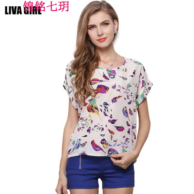 锦铭七玥女装人气 欧美大码上衣 小鸟印花T恤衫短袖雪纺衫