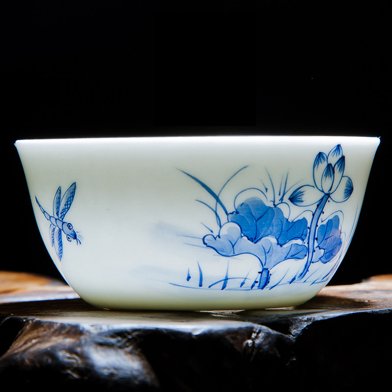 陶瓷功夫茶杯茶碗手绘青花鸡缸杯品茗杯普洱杯个人杯主人杯 工笔荷花