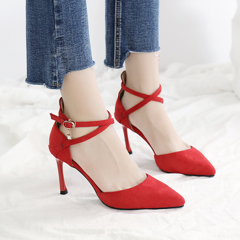 高跟鞋细跟尖头浅口秋交叉绑带一字扣工作女单