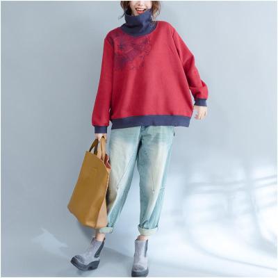 2017秋冬女装新品韩版大码加绒刺绣花抓绒拼色套头高领长袖卫衣女