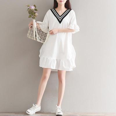夏季森女小清新文艺复古宽松针织纯棉V领短袖荷叶边连衣裙中长款