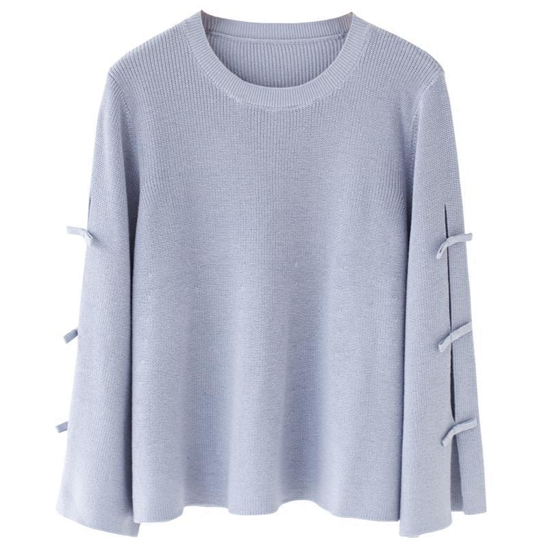 新款秋款文艺开叉喇叭袖上衣女韩版短款宽松长袖针织衫大袖子套头毛衣