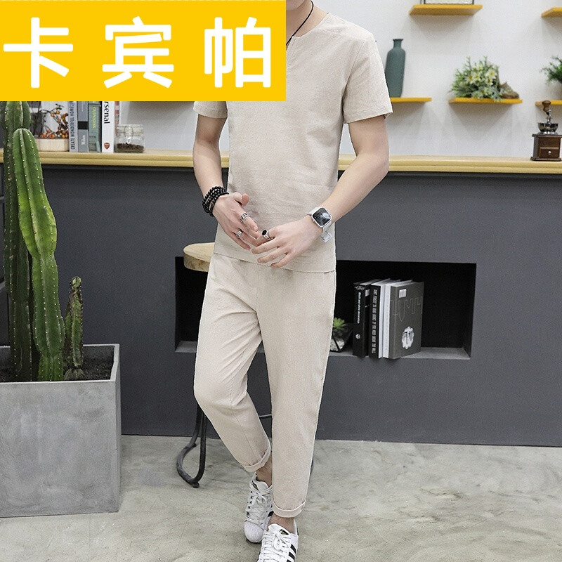九分裤男韩版2017潮流修身夏季棉麻短袖中国
