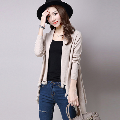 流苏斗篷披肩秋装外套女中长款2017新款春秋宽松韩版长袖针织开衫