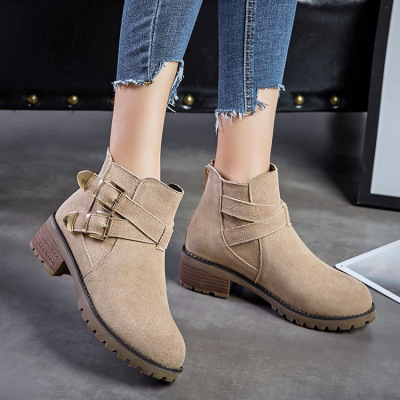 新款中跟短靴英伦风马丁靴女靴春秋单靴磨砂皮中跟及踝靴