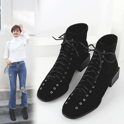 欧洲站短靴女粗跟时尚方头前系带复古马丁靴秋季新款磨砂裸靴女40