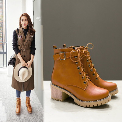 新款短靴防水台皮带扣粗跟中跟学生秋季复古马丁靴女百搭单靴