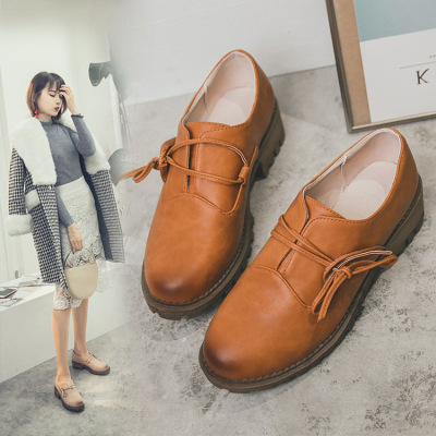 秋季款复古圆头系带学院风单鞋粗跟中跟女鞋小码33大码41-43