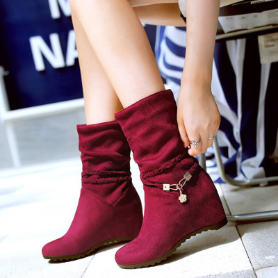 秋冬新款女靴子磨砂平内增高中筒靴坡跟中跟休闲短靴雪地靴