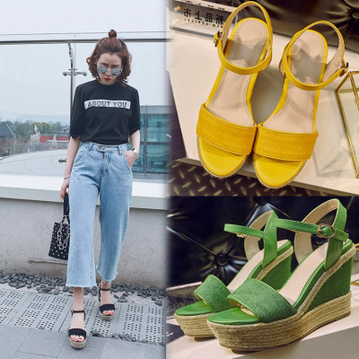 夏季新款马毛坡跟松糕底凉鞋高跟厚底防水台百搭露趾女鞋
