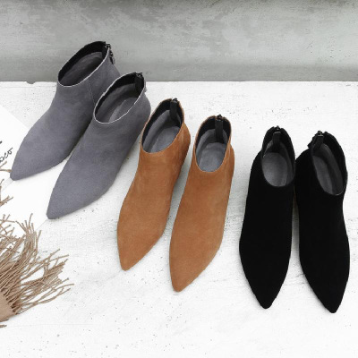 秋韩版新款尖头裸靴棕色小跟磨砂单靴猫跟女士中跟马丁靴