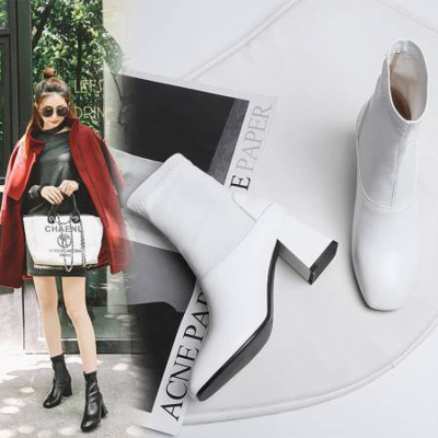 秋冬新款韩版高跟粗跟方头女靴子百搭短靴马丁靴子短靴潮