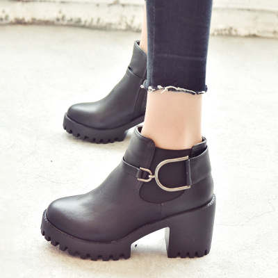 新款春秋单靴圆头粗跟短靴女韩版学生百搭侧拉链高跟时尚女靴