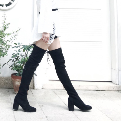 新款冬季黑色过膝长靴女粗跟高跟显瘦性感弹力长筒靴子潮