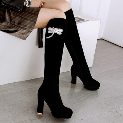 韩版时尚防水台高跟高筒靴女磨砂绒面圆头粗跟过膝长靴女干骑士靴