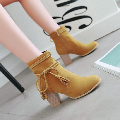 短靴女新款秋冬季韩版百搭磨砂高跟鞋加绒棉靴圆头粗跟流苏靴