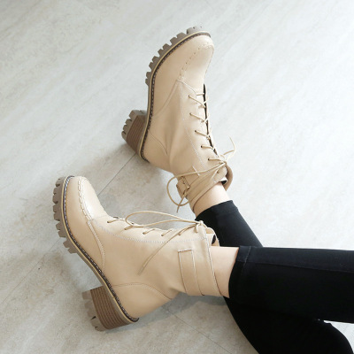 短靴子单皮带扣粗中跟个性系带马丁靴秋冬韩版通勤学院女鞋子