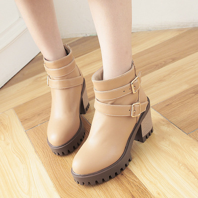 秋冬新款韩版简约皮带扣女鞋时尚侧拉链粗高跟单短靴子马丁靴
