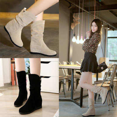 百搭磨砂女士内增高中筒靴圆头中跟短靴春秋冬马丁靴英伦女鞋