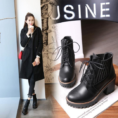 春秋冬款英伦圆头系带马丁靴小码33短靴大码40粗高跟41女鞋43