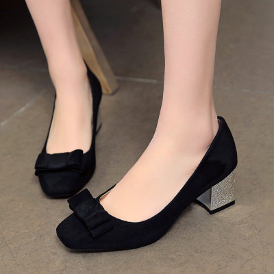 秋季新款中跟绒面浅口百搭女士鞋子女式皮鞋女款女鞋韩版单鞋