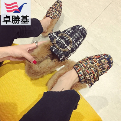 女鞋平底毛毛鞋女秋冬新款韩版百搭学生方头豆豆鞋兔毛平跟瓢鞋社会鞋