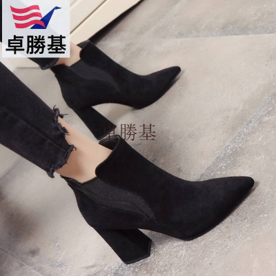 女鞋秋冬新款时尚绒面尖头粗跟高跟短靴女拼接套筒百搭马丁靴裸靴
