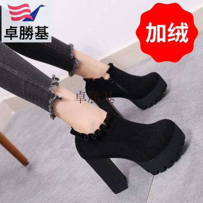 女鞋复古短靴女粗跟高跟新款黑色绒面及裸靴韩版加绒靴子女冬季黑色(加绒)