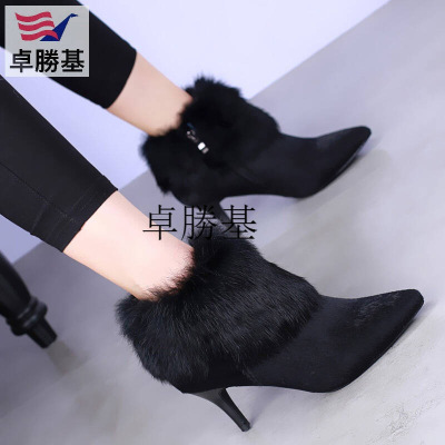 欧美冬季尖头高跟短靴细跟马毛时尚女靴性感兔毛加绒马丁靴潮黑色
