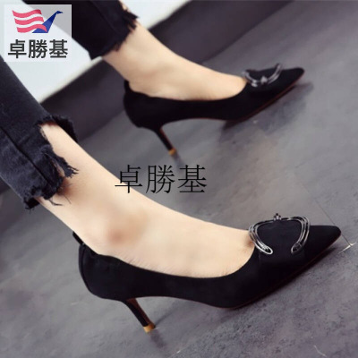 时尚女鞋子新款高跟鞋欧美宴会鞋尖头细跟方扣浅口鞋气质单鞋