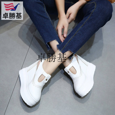 韩版秋冬季款内增高坡跟12cm厚底松糕单鞋T型扣带防水台女鞋潮