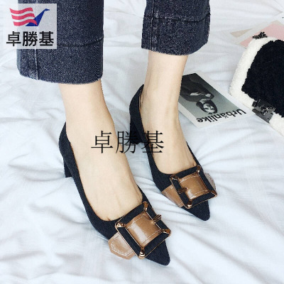 兔毛单鞋粗跟高跟鞋子欧洲站灯芯绒尖头女鞋秋冬新款棉单鞋毛毛鞋