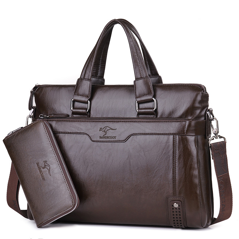 袋鼠公文包手提包男士横款男包斜跨单肩包男软皮包15.6寸电脑包