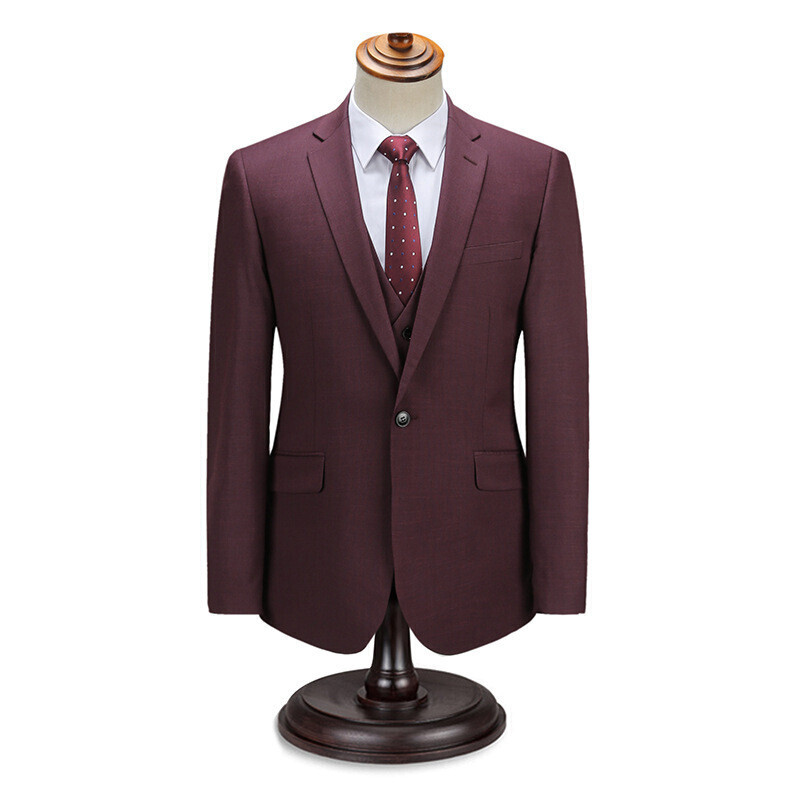 花花公子西服套装男士秋冬商务休闲职业装中青年结婚礼服大码西装紫红