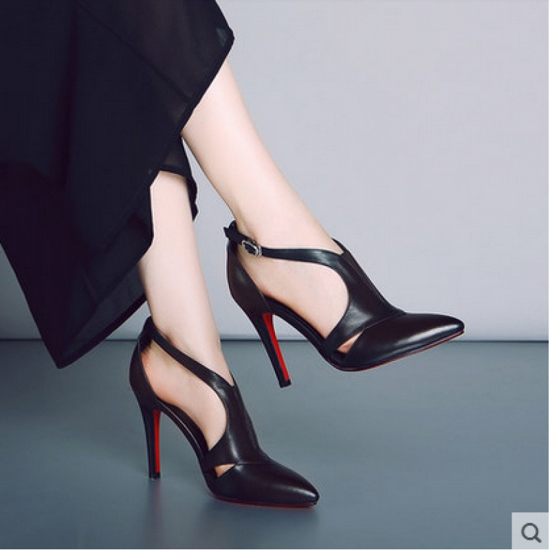 2017春秋新款皮尖头一字带罗马包头凉鞋舒适性感细跟高跟鞋婚鞋