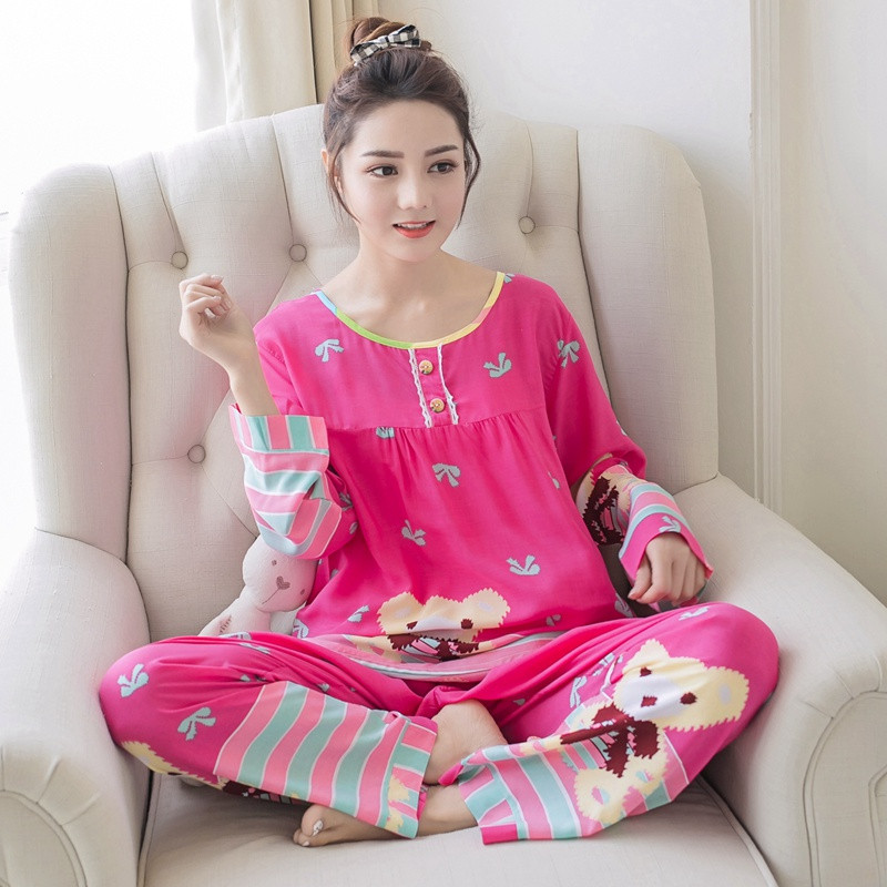 棉绸睡衣女春秋长袖绵绸家居服套装月子夏人造棉薄款甜美可爱韩版