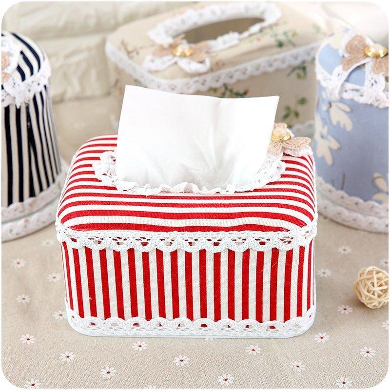 田园布艺蕾丝纸巾盒创意客厅田园纸抽盒欧式简约抽纸盒抽纸条纹收纳盒