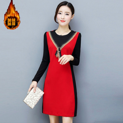 冬季新款韩版长袖纯色拼接假两件气质中长款连衣裙女加绒加厚