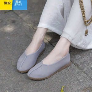 聚范W622夏季禅意汉服搭配茶服防滑牛筋厚底布鞋居士道鞋一脚蹬女单鞋