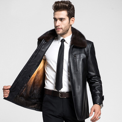 17冬季真皮皮毛一体男中长款皮克服中老年宽松大码夹克外套