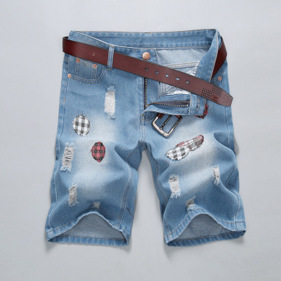 夏天薄款牛仔裤男士中裤青少年破洞韩版短裤潮男五分裤浅蓝色