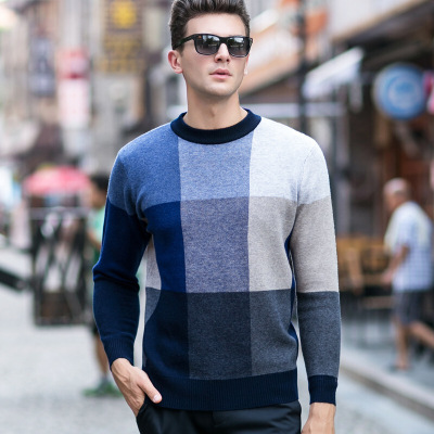 纯羊毛衫男圆领加厚秋冬新款提花毛衣中年男装格子套头大码打底衫