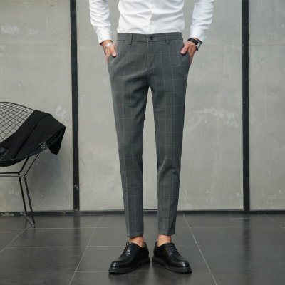 韩版休闲英伦风格子休闲小脚西裤男青年潮男长裤职业正装裤子灰色修身格子