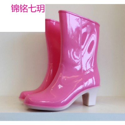 锦铭七玥2017韩版中筒粗跟高跟色女式雨靴子厂女鞋