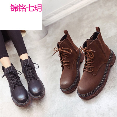 锦铭七玥2017新款马丁靴女短靴复古英伦学院风女靴系带马丁靴