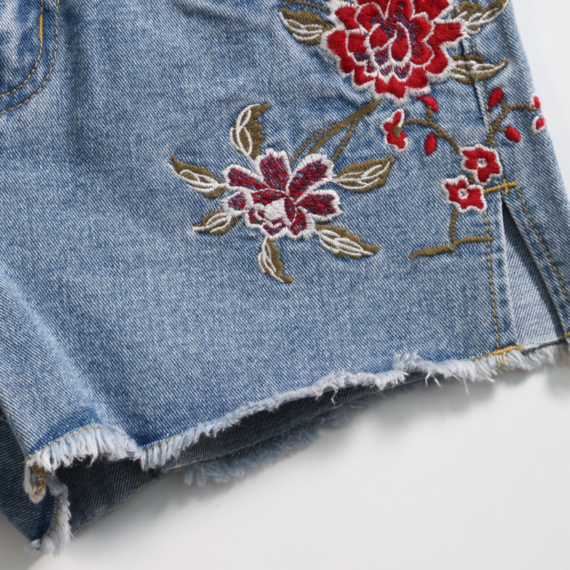 2017夏季新款刺绣牛仔裤女直筒毛边牛仔短裤休闲宽松热裤子