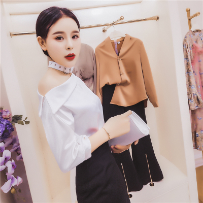 新款式韩衣女王2021春夏装气质斜肩丝光面料露肩挂脖衬衫上衣七分袖-定制款