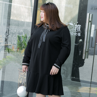 新款式胖妹妹大码女装春装2021新款袖口拼接织带流苏荷叶摆连衣裙-定制款