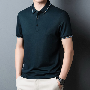 桑蚕丝polo衫男士短袖t恤2024新款夏季免烫抗皱商务休闲半袖上衣短袖t恤男翻领中年纯色免烫抗皱商务休闲polo衫夏薄