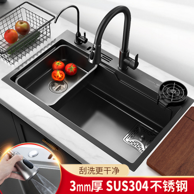 闪电客手工纳米水槽单槽加厚304不锈钢洗菜池盆中盆洗碗槽厨房洗菜盆